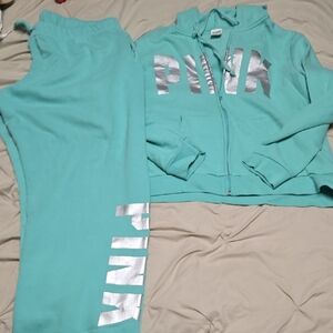 PINK Aqua Zip Hoodie & Joggers Set with Silver Logo Xl
